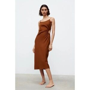 Zara Cut-Out Linen Blend Midi Dress Rust Brown Women's XS EUC